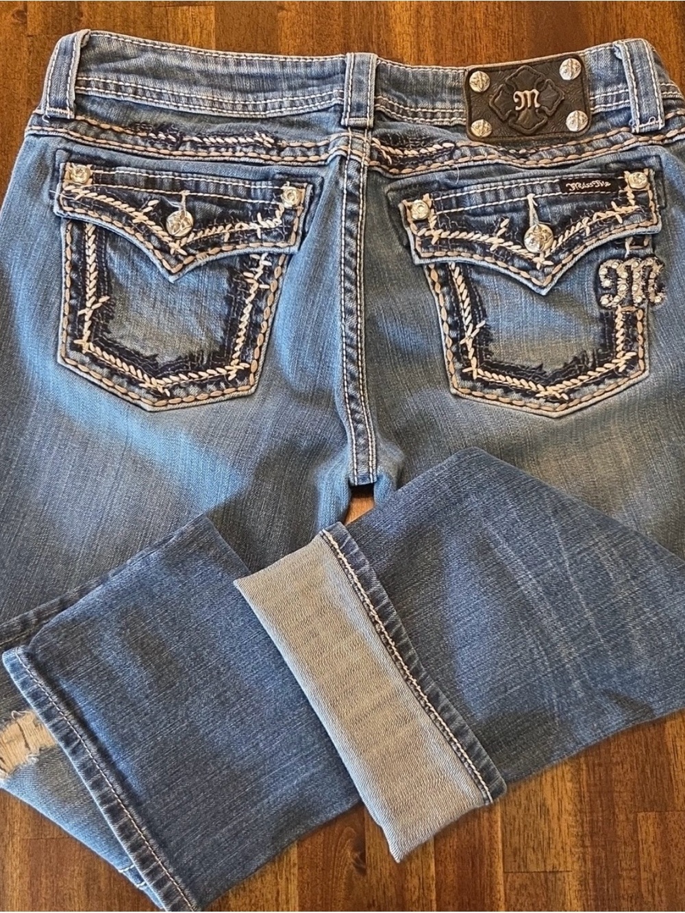 Miss Me Light Blue Embroidered Pocket Cropped Jeans